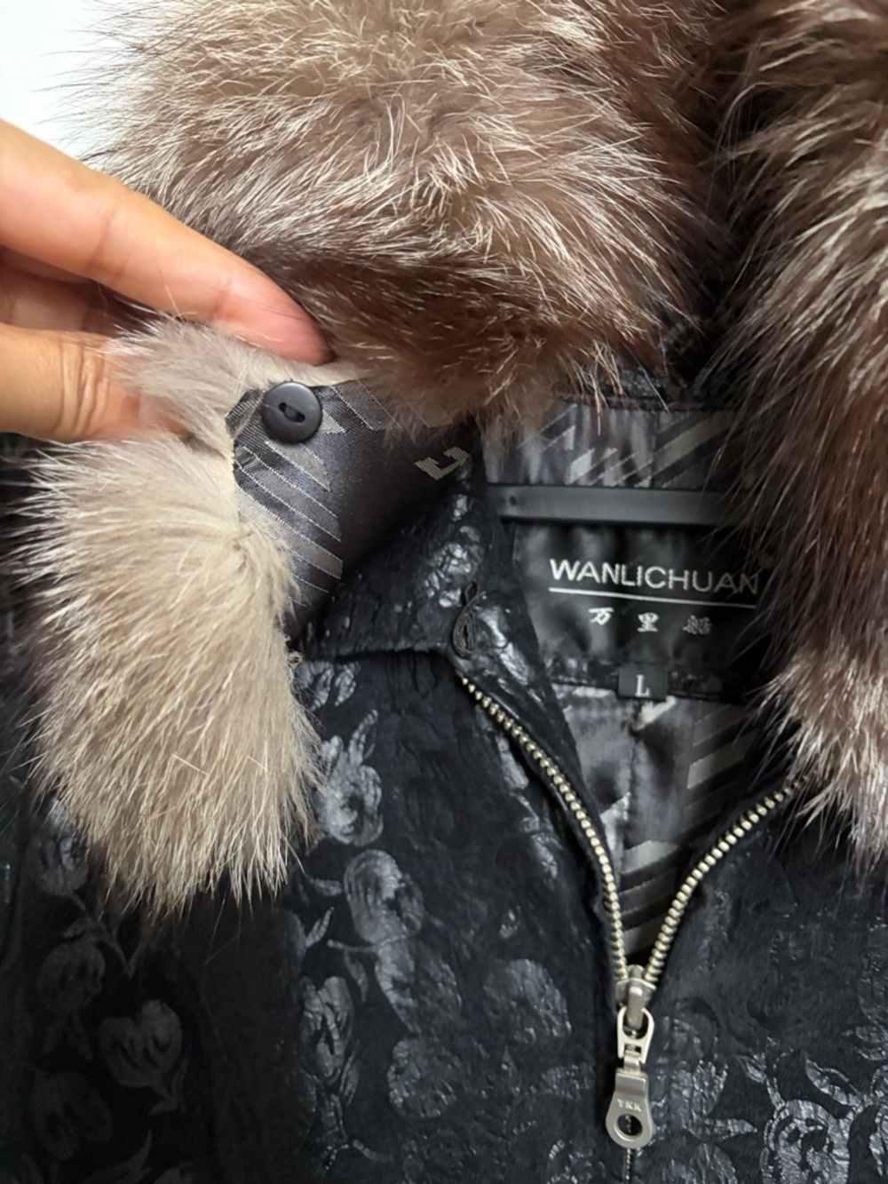 Black Floral Jacquard leather Jacket with Fur Trim - Picture 9 of 10